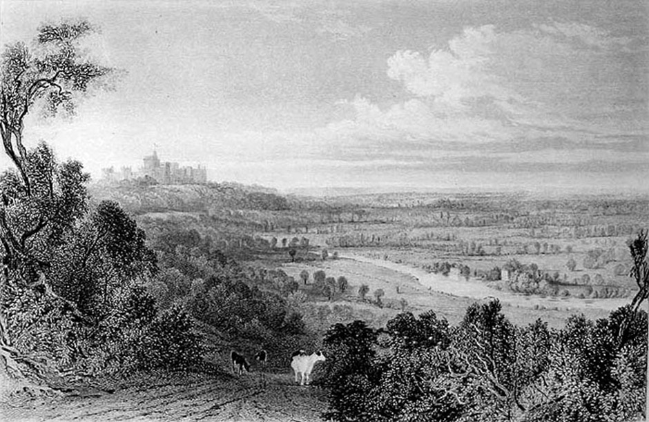 View from Coopers Hill with Runnymede and Windsor castle.
Engraved by Edward Radclyffe (1810-1863) from an original study by Thomas Allom (1804-1872)